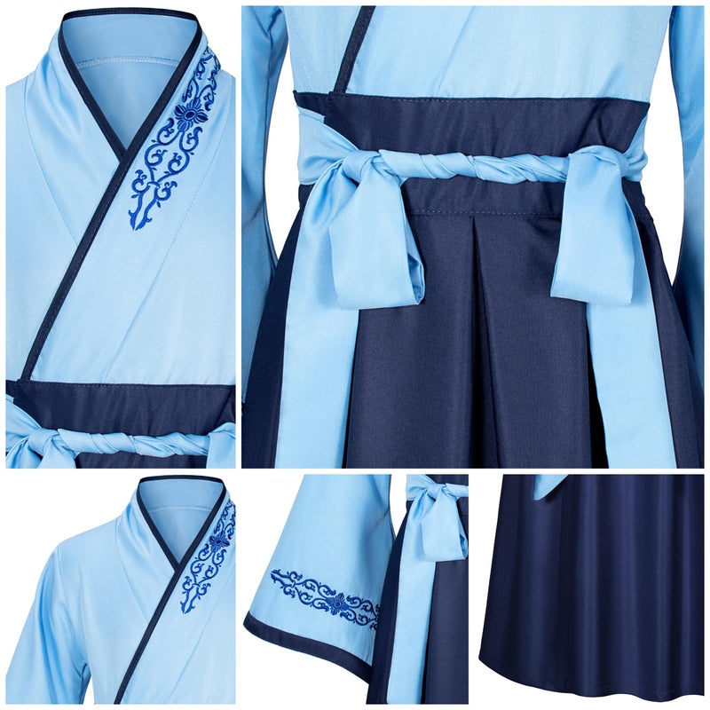 Elibelle Asian Traditional Dress Kimono Robe for Kids Girls Costume Silk Folding Fans hairstick Cosplay(Blue Navy 150cm - Image 5